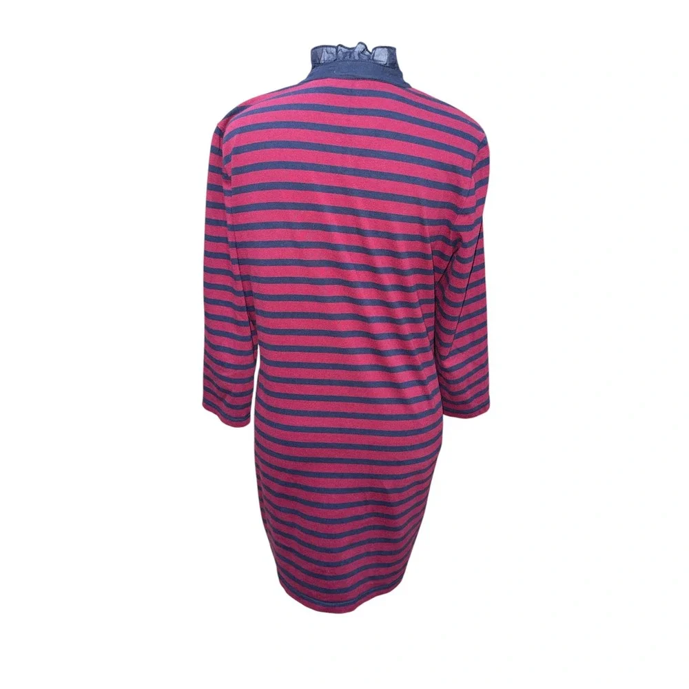 Tory Burch Striped Ruffle Collar T-Shirt Dress Burgundy Navy Blue Cotton Medium